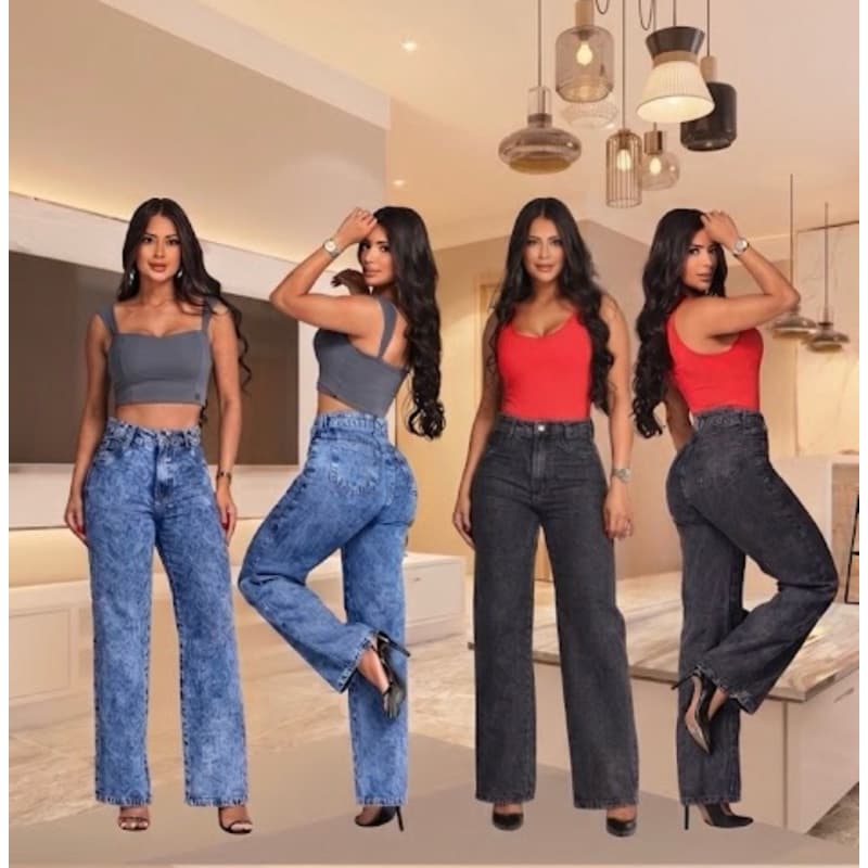 Kit 2 Calças Wide Leg Jeans Marmorizado Moda Feminina Premium