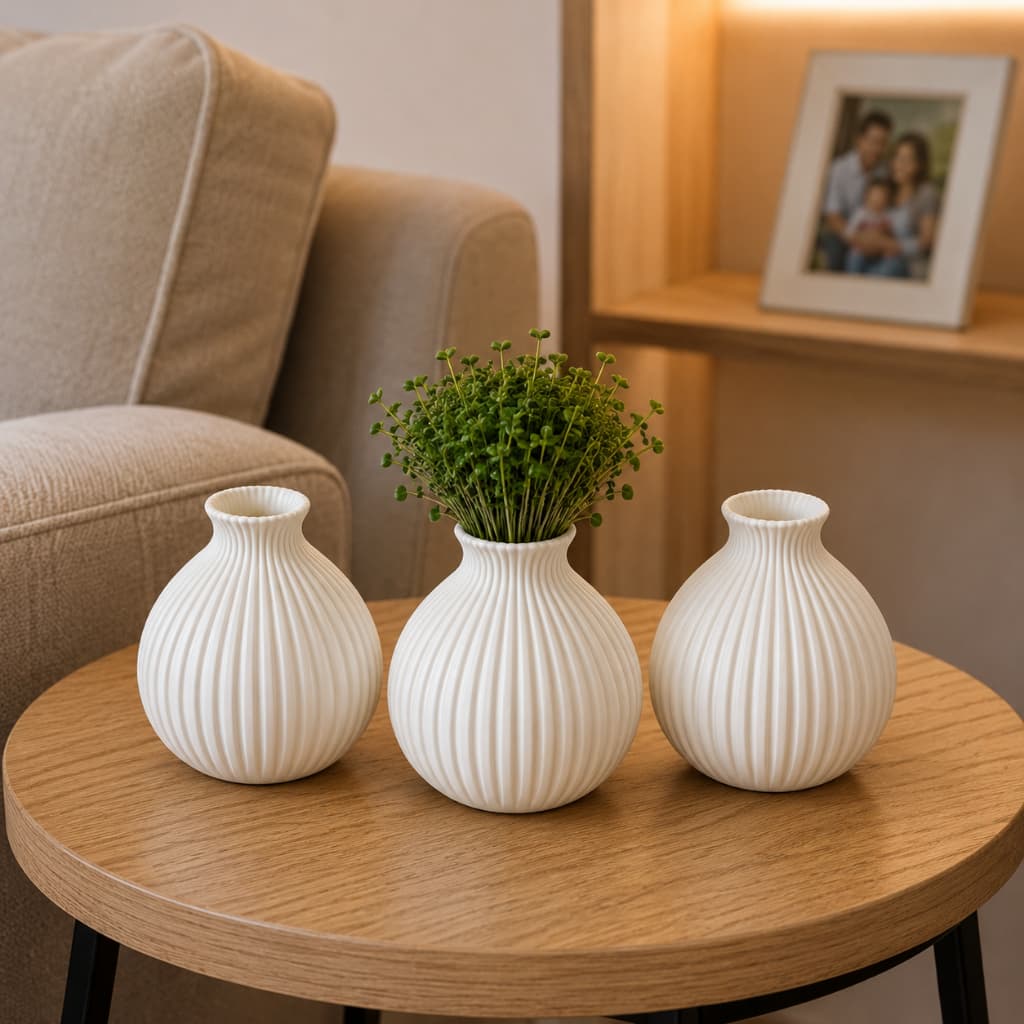 Kit Vaso Decorativo Canelado Pequeno Cachepô Moderno Branco e Marrom Sala Quarto Escritório
