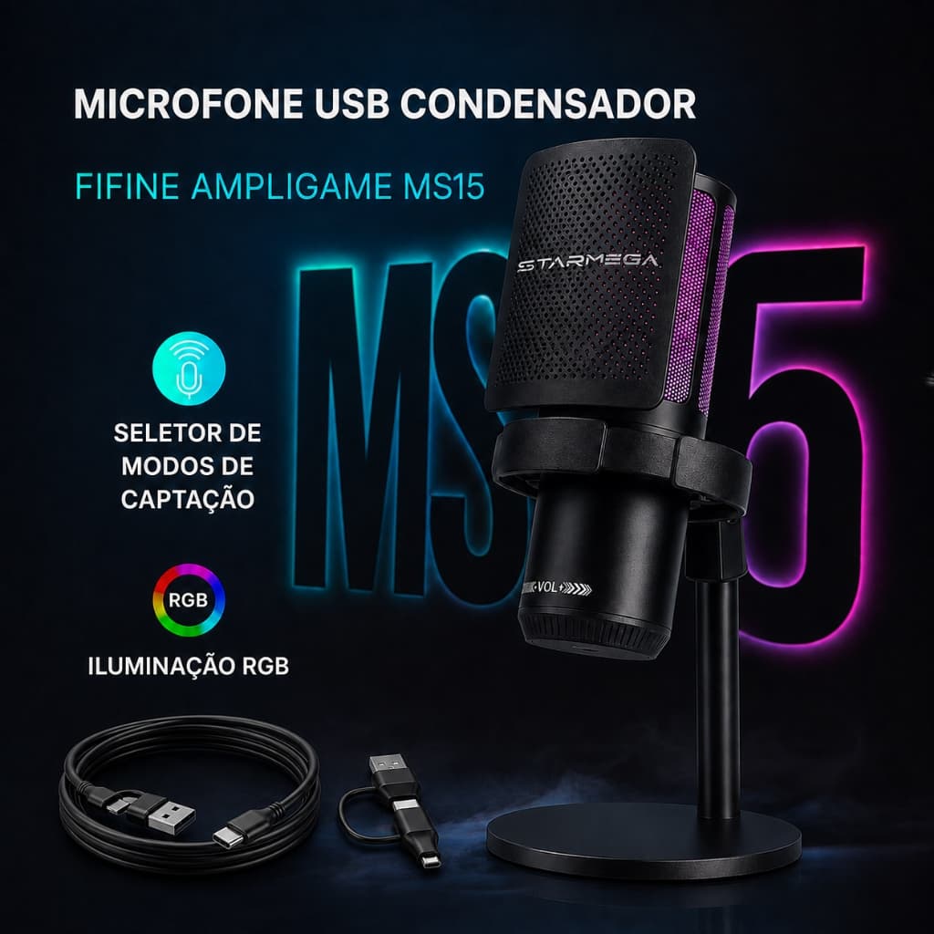 STARMEGA MS15 – kit Microfone condensador para jogos e podcasts, alta sensibilidade, RGB - Microfones e gravadores