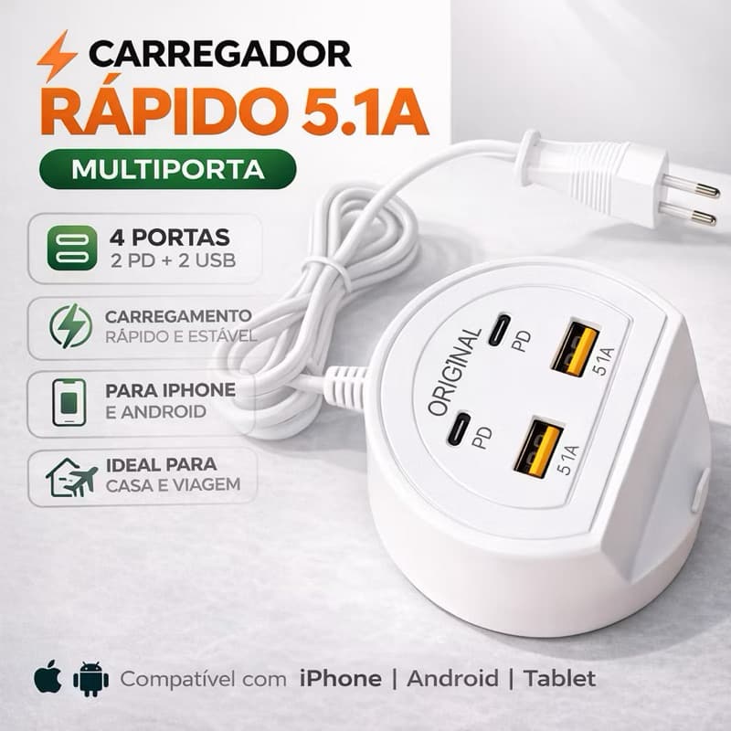 Carregador 2 em 1 com Suporte, 2 Portas (USB + Tipo C), Carga Rápida 5.1A, Universal para Dispositivos