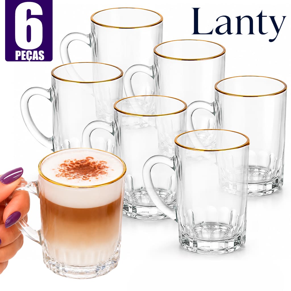 Jogo 6 Caneca Xicaras Fio de Ouro Lanty Havana Café 90ml Vidro Cristal Mesa Posta Cappuccino