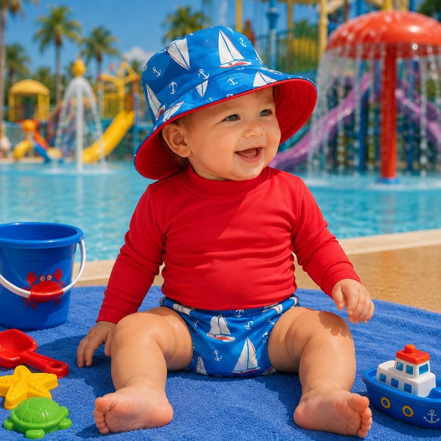 Kit Premium Lote Blusa com Proteção Solar UV50 Tapa Fralda (sunga) Chapéu Bebê e Infantil Moda Praia Meninos