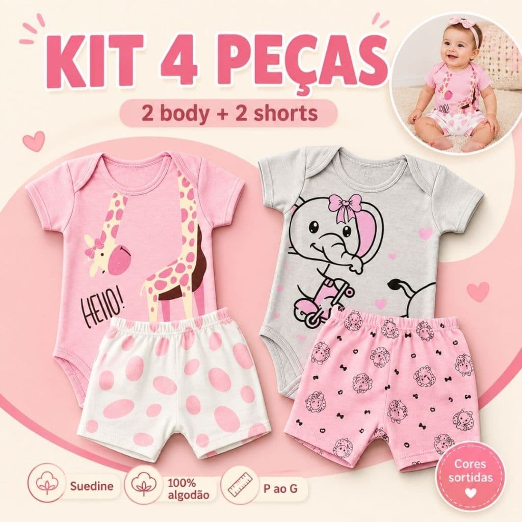 Kit 4 Peças Menina Conjunto Suedine 2 Body + 2 Shorts Roupa Infantil Bebe Manga Curta Algodão Suedine