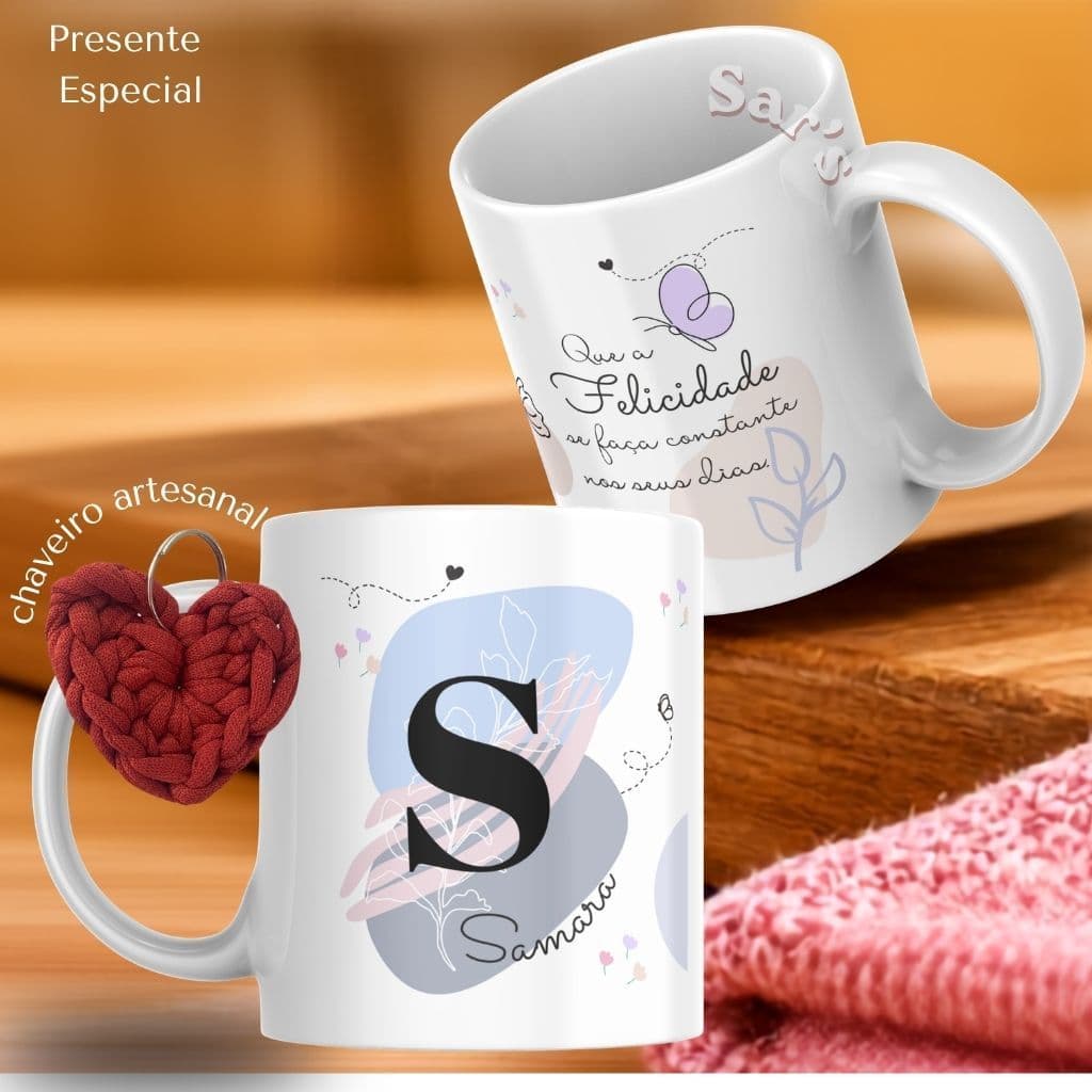 Caneca Personalizada Nome e frase  + chaveiro fio de malha + Caixa visor coração - Porcelana 325ml