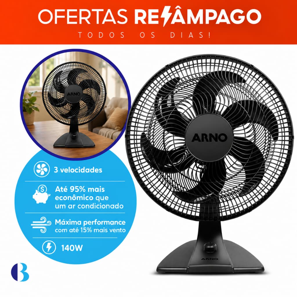 Ventilador Arno Essential 40cm 140W – 6 Pás, 3 Velocidades e Máxima Performance VE2E