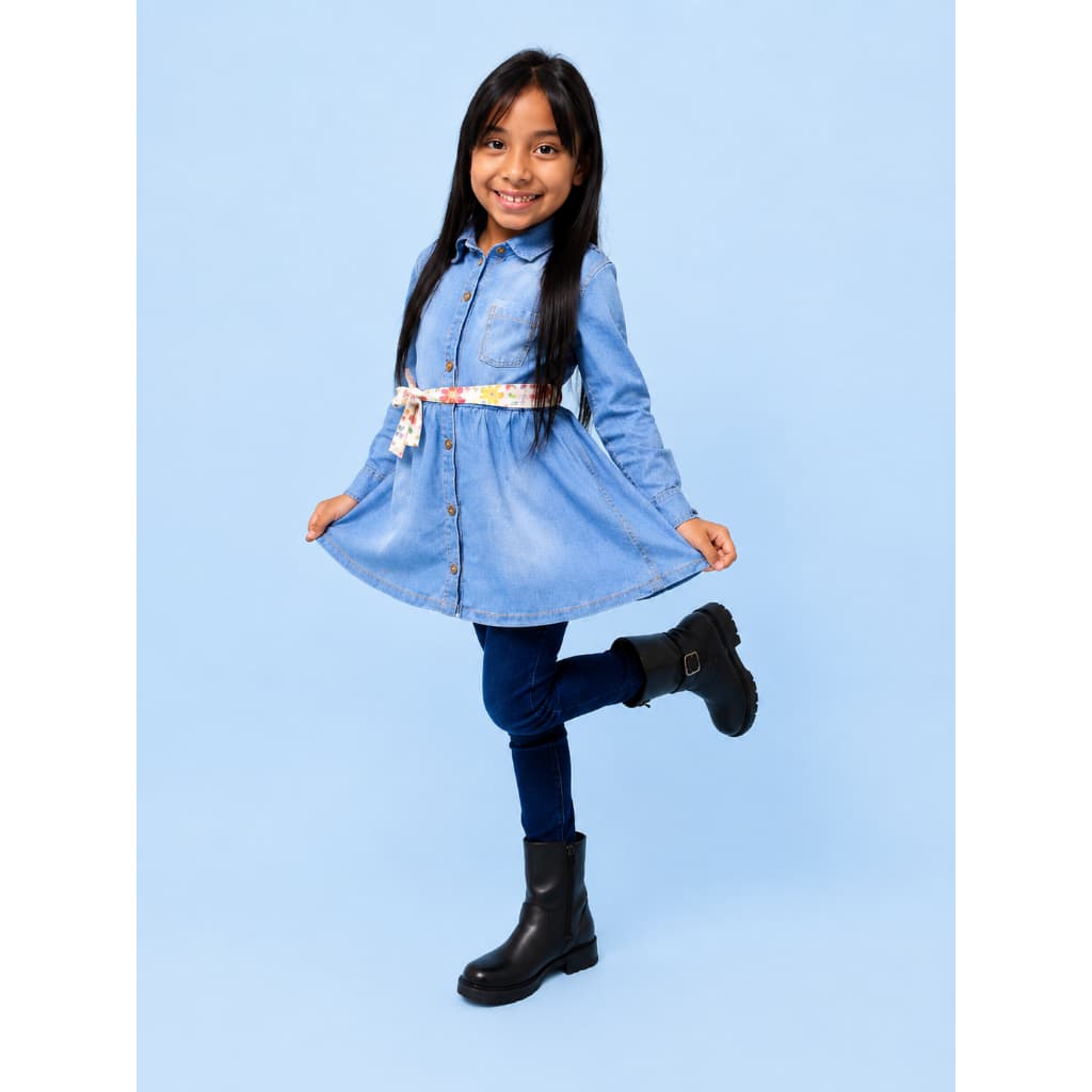 Blusa Jeans Vestido Chemise Infantil Menina Manga Longa Cinto Floral Camisa Alongada Botões Casual Passeio Azul Moda