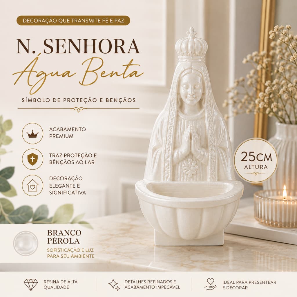 Escultura Religiosa - Fonte de Água Benta Nossa Senhora Aparecida | Porta Água Benta Decorativo | 25 cm