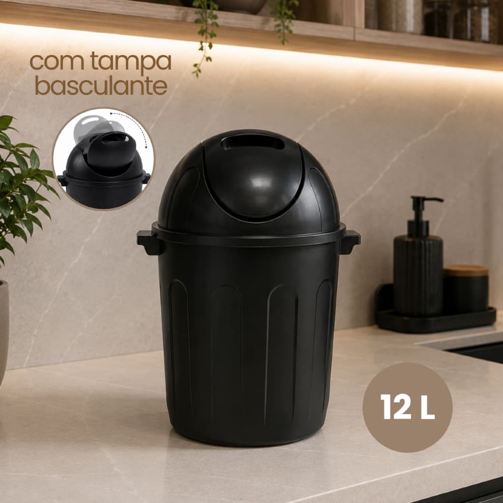 Lixeira 12 Litros Com Tampa Basculante Plástica Para Cozinha Banheiro Lavanderia Multiuso Resistente Preta