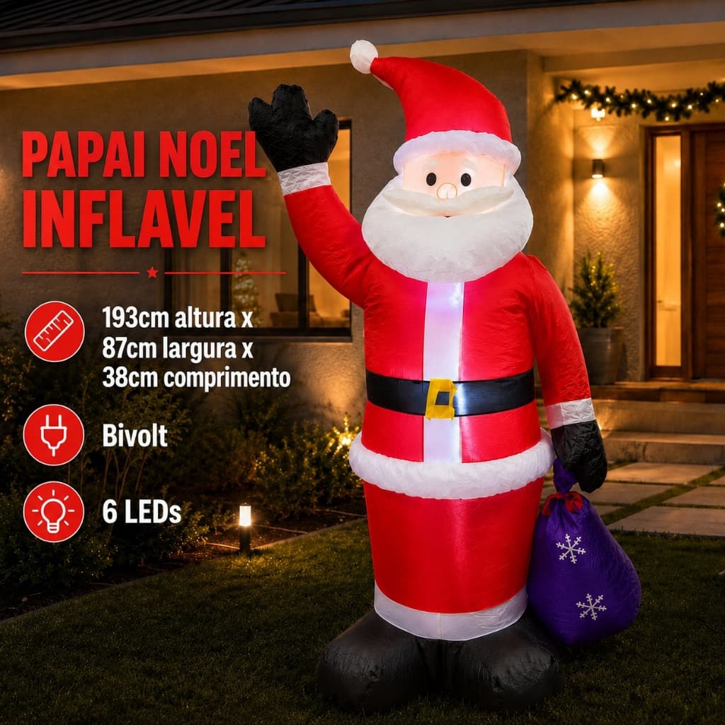 Papai Noel Inflável 193cm altura com 6 LEDs - Vermelha