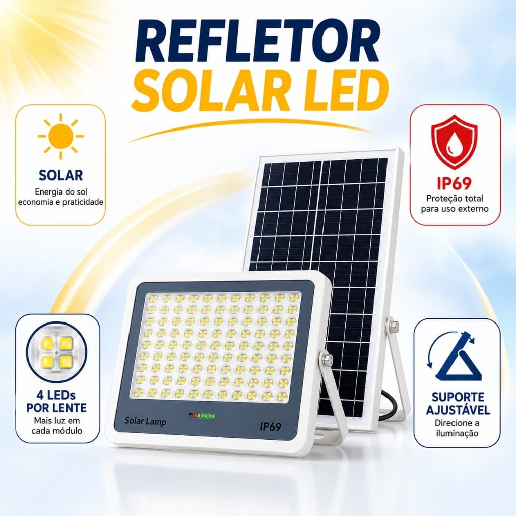 Keycool Refletor Solar LED IP69 para Área Externa, Painel Solar Separado, 4 LEDs por Lente e Suporte Ajustável Casa