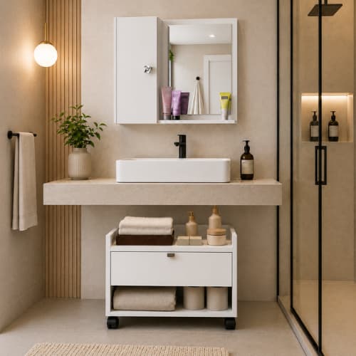 Kit Com Armário Gabinete Para Banheiro Prisma e Espelheira Com Prateleira Suspensa Genova