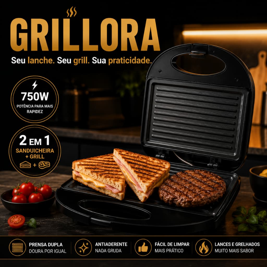 Sanduicheira GRILLORA Elétrica 750W | Antiaderente | Prensa Dupla 127V | Lanches Rápidos e Crocantes