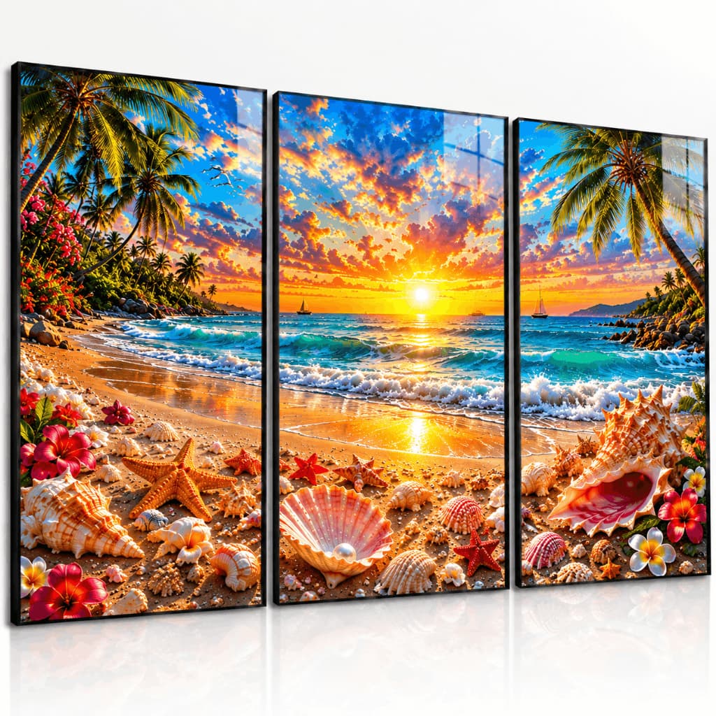 Kit 3 Quadros Decorativos Praia Tropical Pôr do Sol Mar Coqueiros Paisagem Paradisíaca