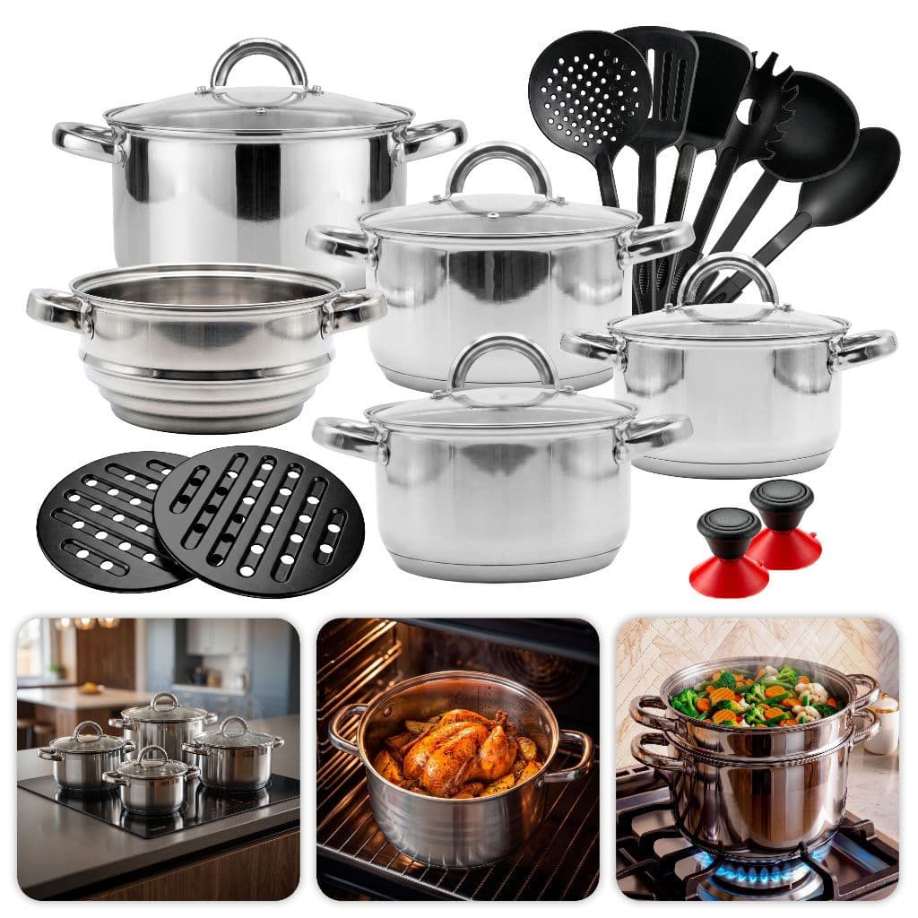 Kit Panelas 19 Peças Inox Genebra Tampa Vidro Temperado Saída Vapor Caçarola Cozi-Vapore Lava-Louças Completo