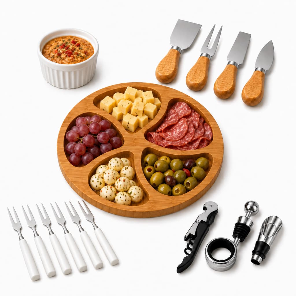 Kit Petisqueira Redonda 5 Divisórias com 4 Facas para Queijo, 4 Acessórios para Vinho, Ramekin Molheira e 6 Garfinhos