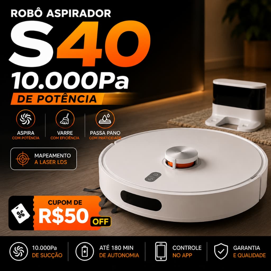 Robô Aspirador Xiaomi S40 Passa Pano Mapeamento Laser LDS 10000Pa App Alexa