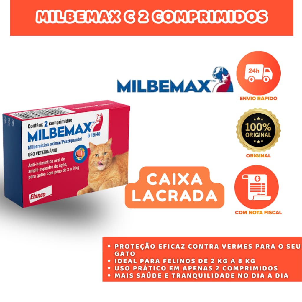 MILBEMAX GATO 16/40 MG X 2 COMPRIMIDOS ANTIPARASITÁRIO E VERMÍFUGO PARA GATOS DE 2 A 8 KG