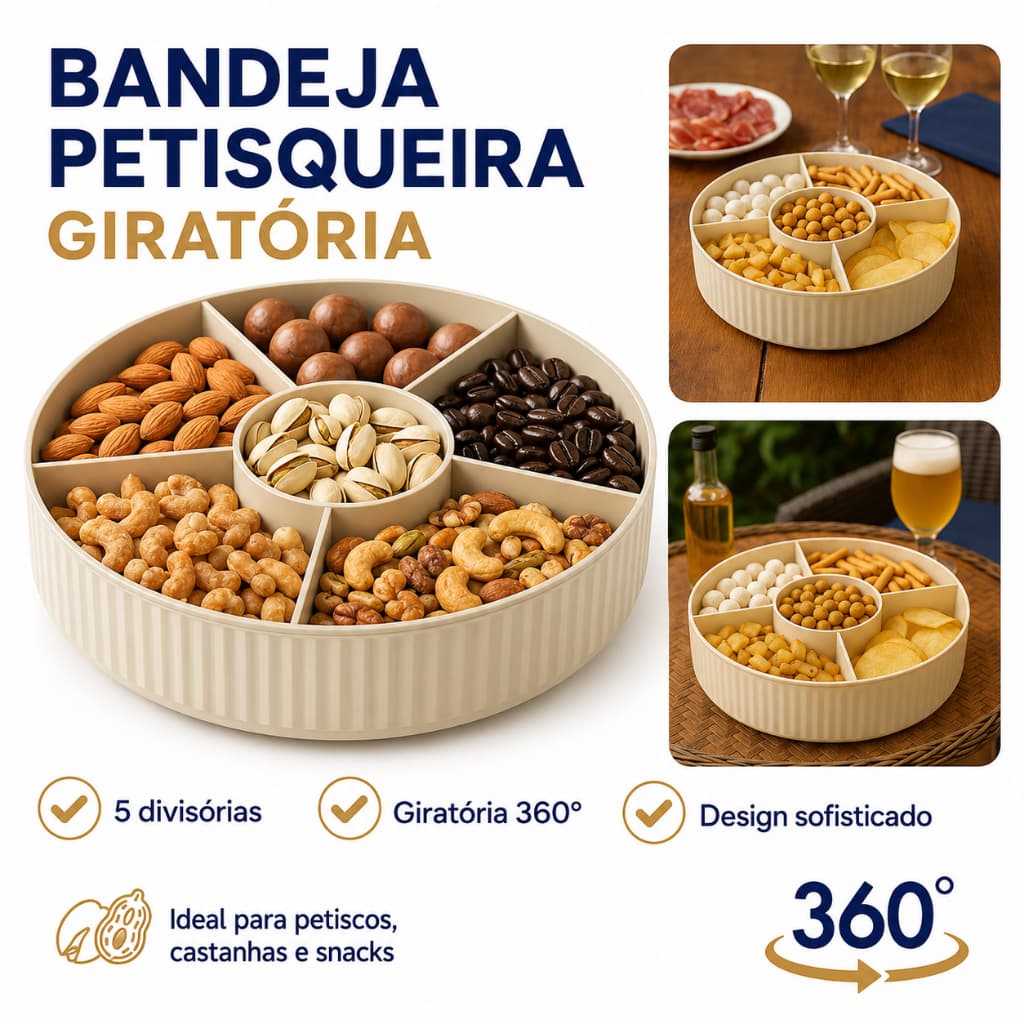 Bandeja Petisqueira Base Giratória 5 Divisórias Redonda