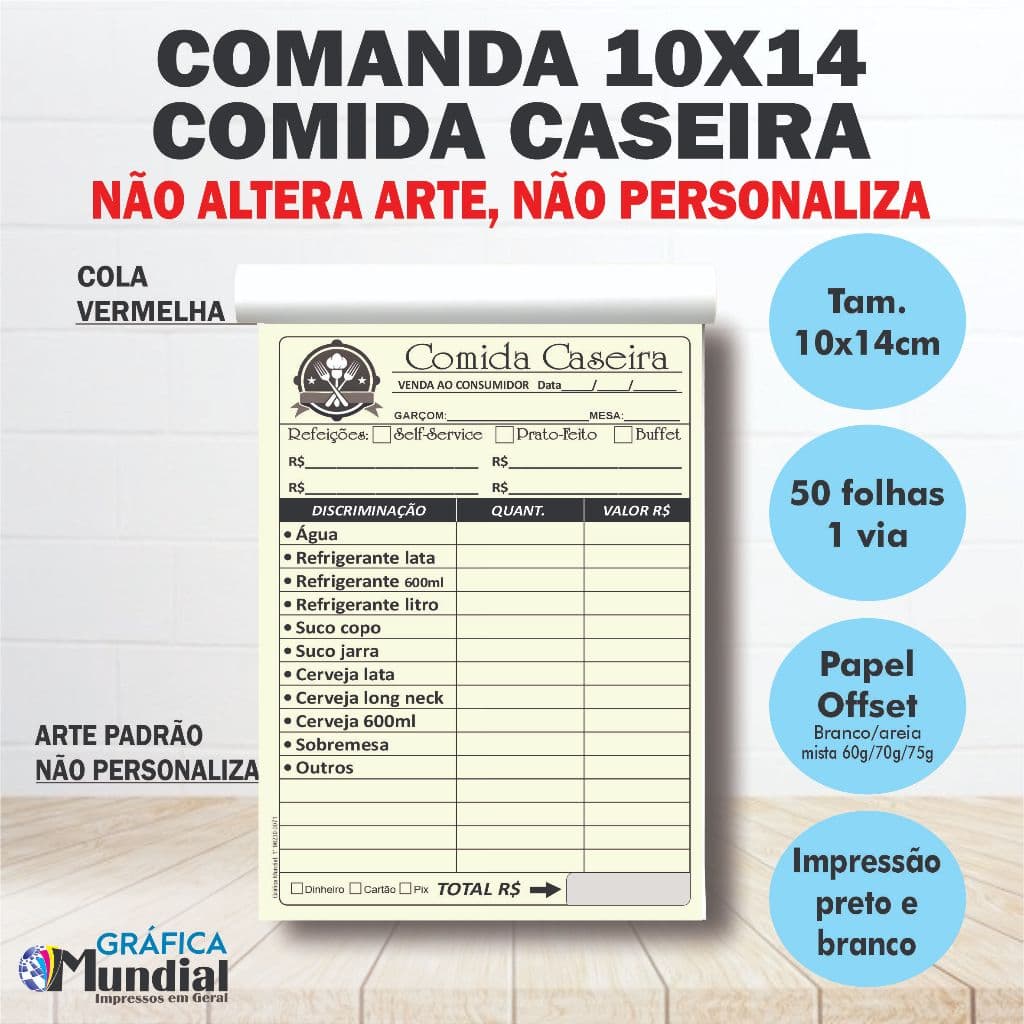 Comanda Comida Caseira bloco 10x14cm 50 folhas Lanchonete Bar Restaurante Papelaria