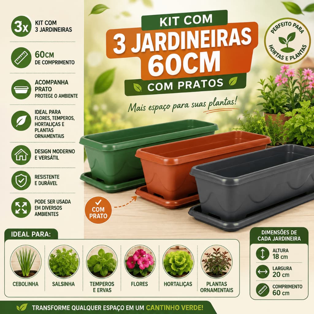 Kit 3 Vasos Jardineira Floreira 60cm com Prato para Plantas Horta Vertical