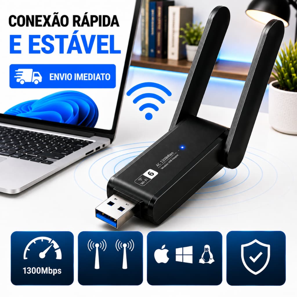 Adaptador Wifi Receptor Usb 3.0 13000 Mbps Para Computador Notebook MacOs Windows Linux Rapida Conexao 5G Longo Alcance