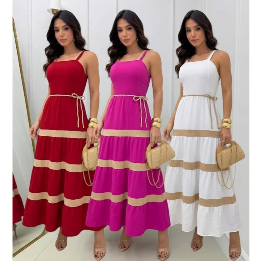 Vestido Longo Liso  Feminina Bicolor Tendencia Casual Tecido Duna