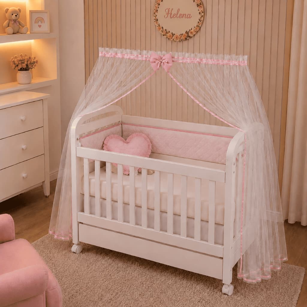 Mosquiteiro para Mini Berço com Fita de Cetim e Laço - Véu Tule Branco e Palha - Enxoval Bebê Menina e Menino