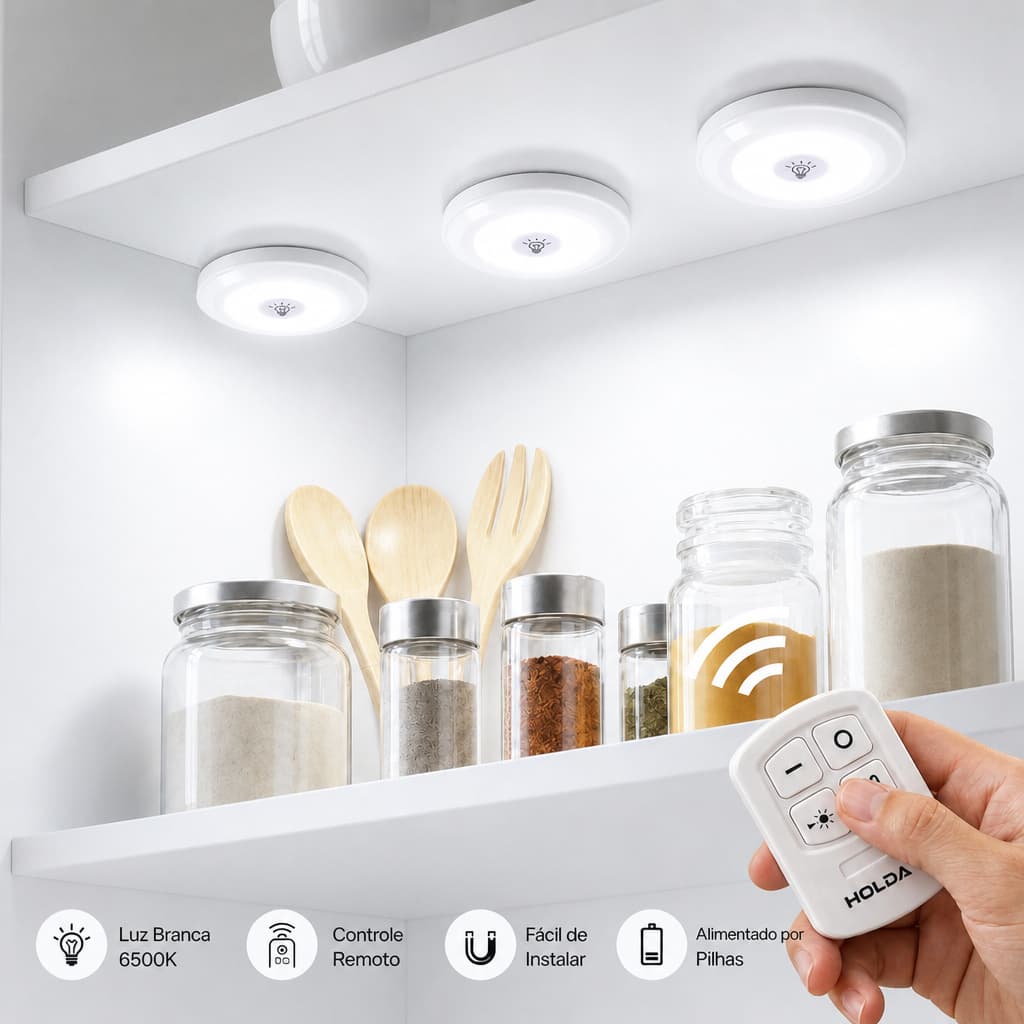 Kit 3 6 ou 9 Luminaria LED Sem Fio Com Controle Spot Armario Cozinha Toque De Pressionar