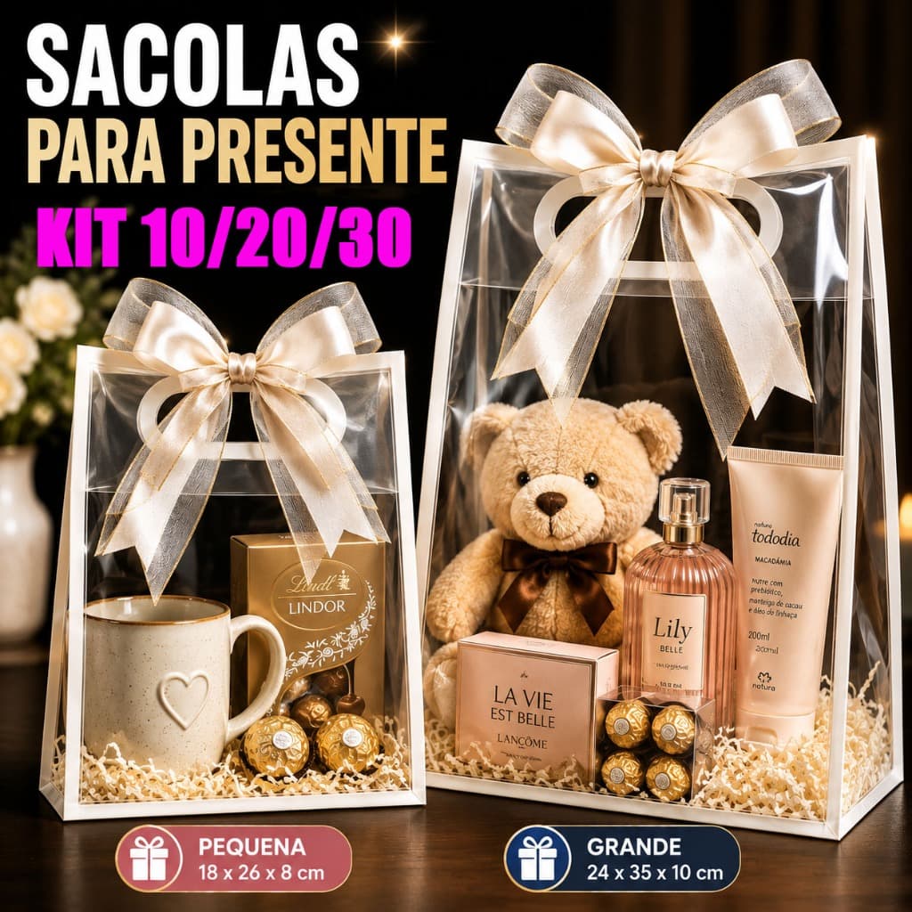 Kit 10/20/30 Sacolas Transparentes PVC de Presente Lembrancinhas de Aniversário e Festa Embalagem para Doces Brinquedos
