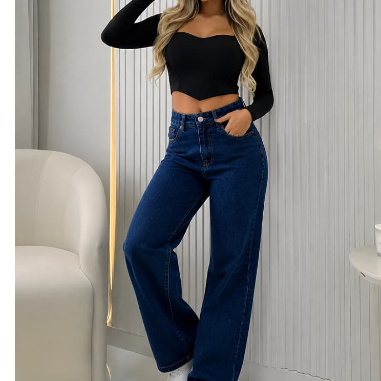 Calça Jeans Feminina Wide Leg Cintura Alta Tendencia