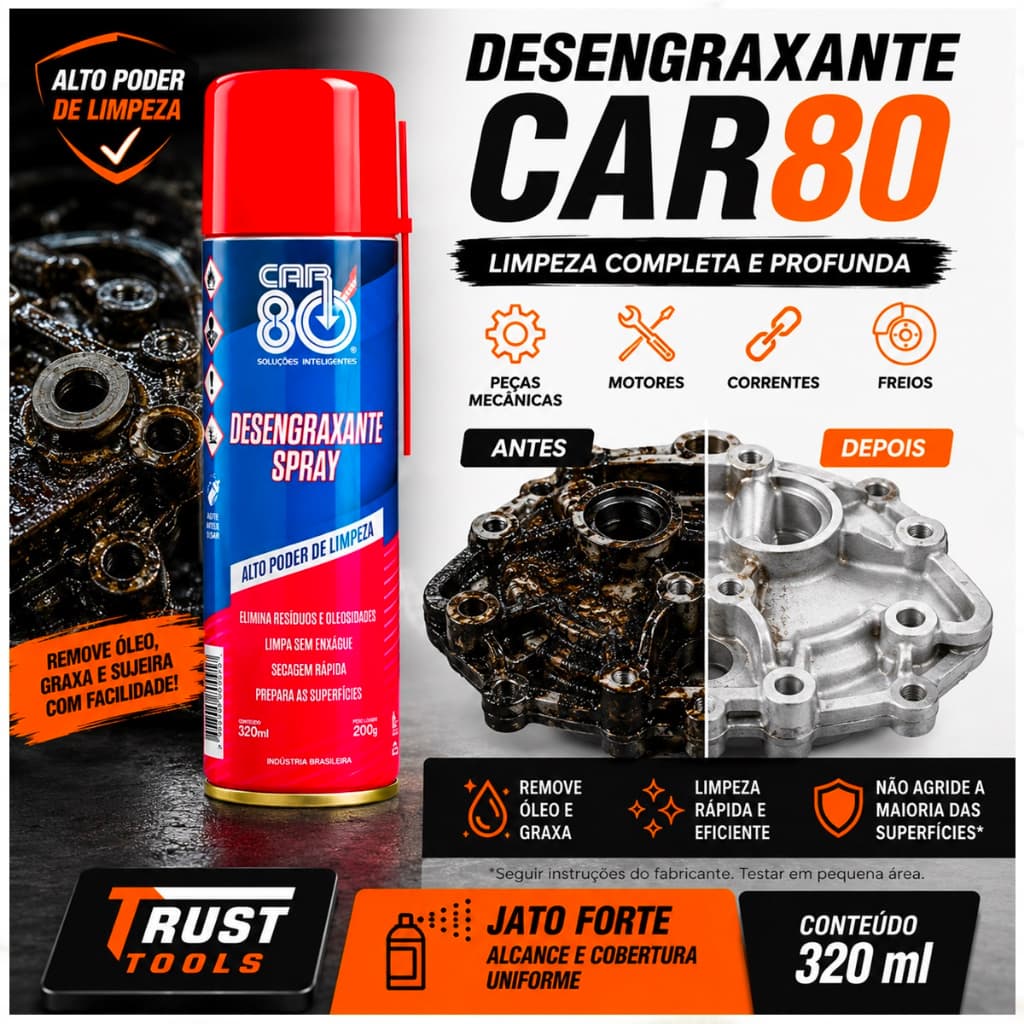 Desengraxante Spray CAR80 320ml Remove Óleo Graxa Limpeza Automotiva Motor Peças
