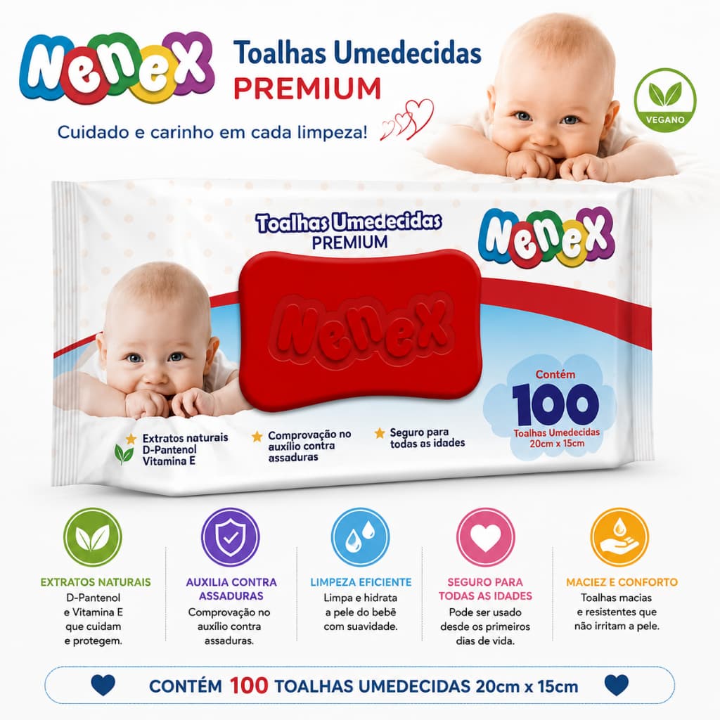 Lenços Umedecidos Nenex Premium Vegano Hipoalergênico Hidratante 100 Unidades
