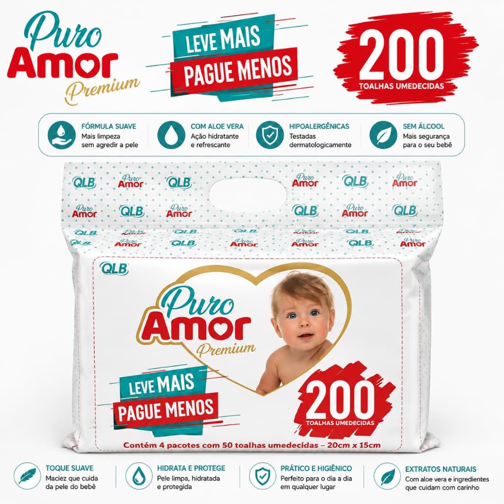 Pack de Lenços Umedecidos Premium Puro Amor – 98% Água (Total 200 Unidades)
