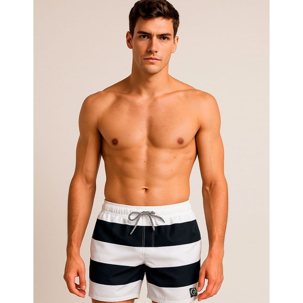 Short Masculino Listrado Preto e Branco Bermuda Praia Moda Verão Casual Confortável Leve Secagem Rápida Estampado