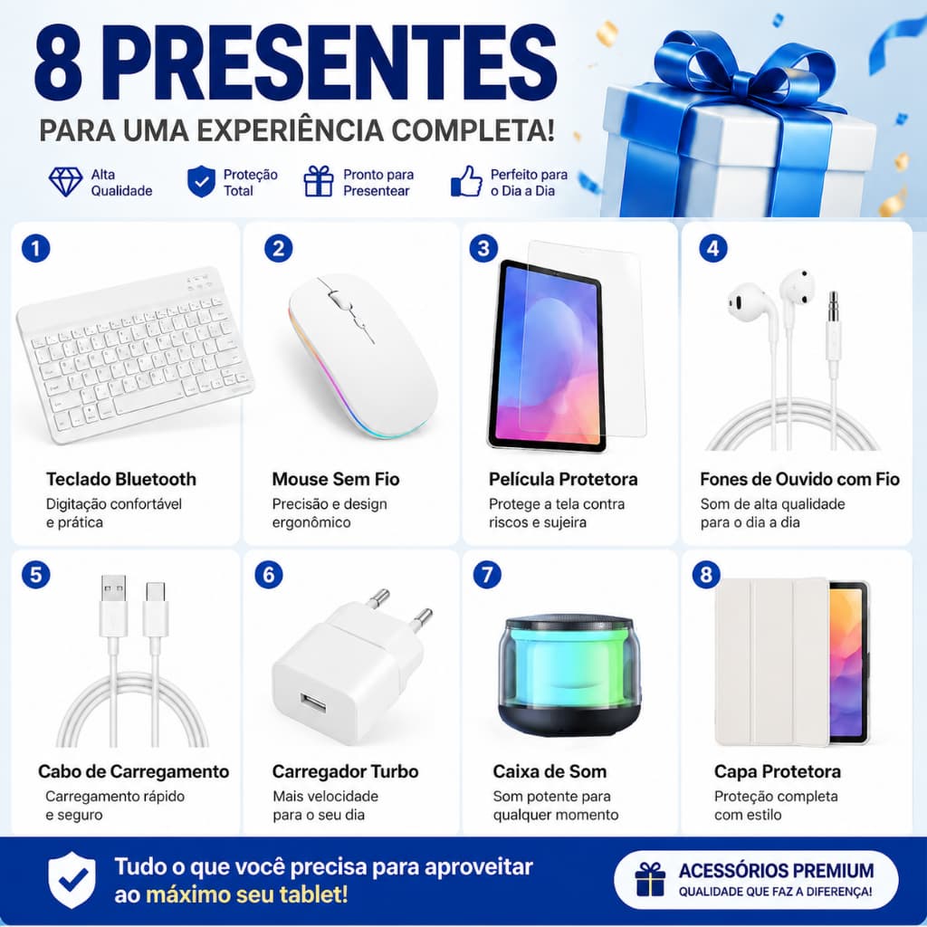 Kit Presente 8 Peças Experiência Completa para Tablet | Teclado, Mouse, Capa, Película, Carregador e Caixa de Som