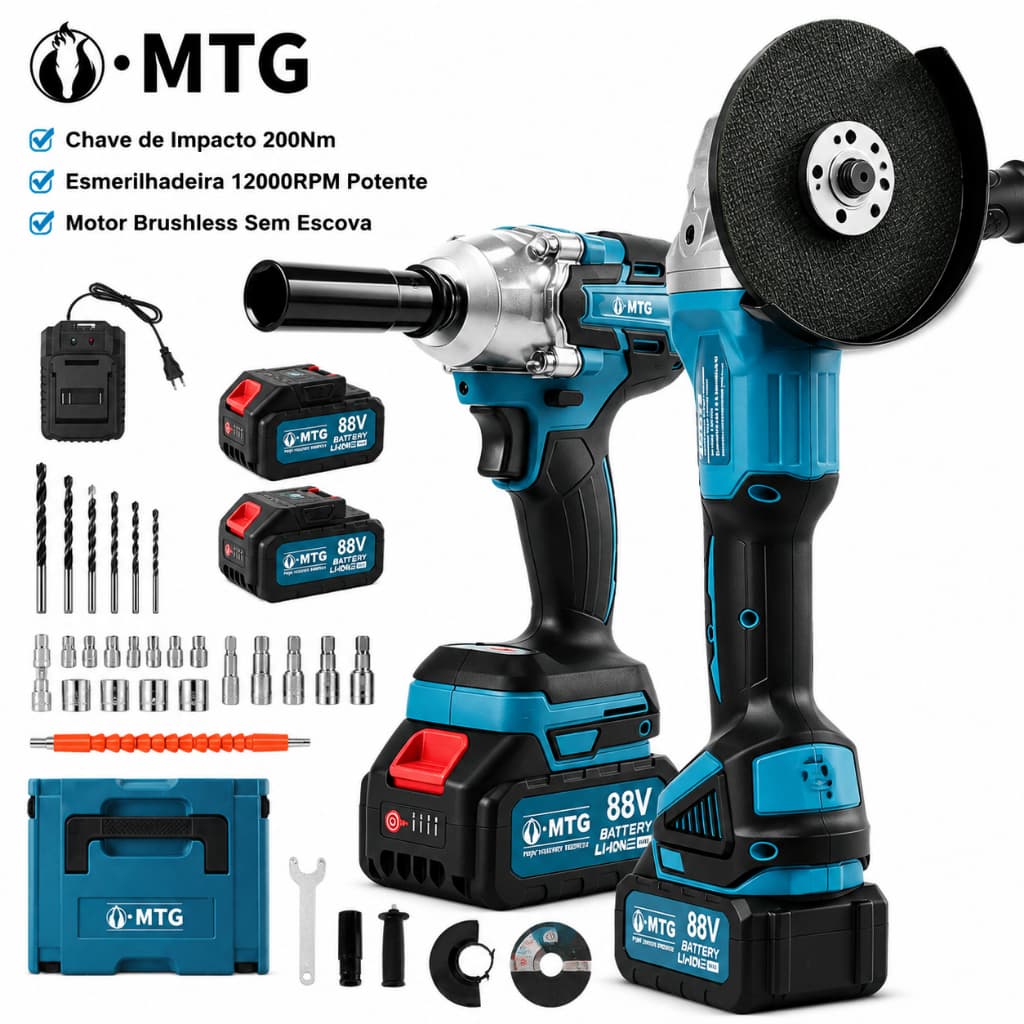 Kit 2 em 1 Chave de Impacto + Esmerilhadeira Angular Sem Fio Brushless 200Nm 12000RPM 2 Baterias com Acessórios
