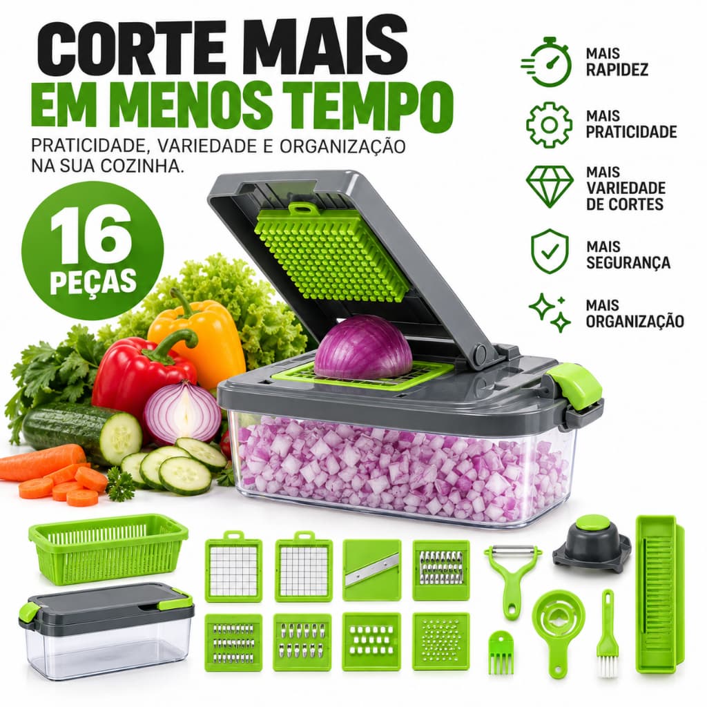 Conjunto Cortador Ralador Manual Multifuncional 16 Pecas Cortes Precisos Ralacao Rapida Cinza Verde