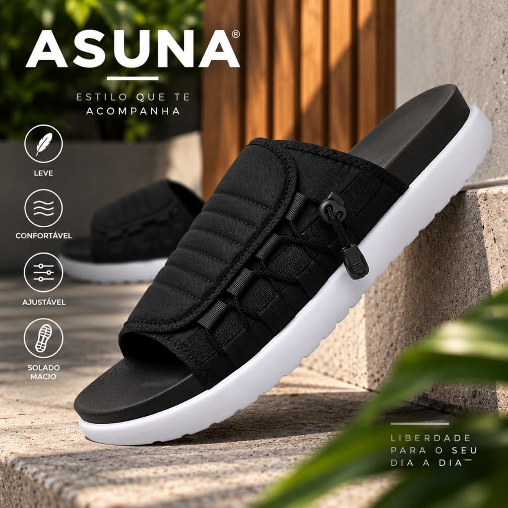 Chinelo Asuna Masculino Slide Confortável Solado Macio Leve Ajustável Casual Para Praia e Dia a Dia