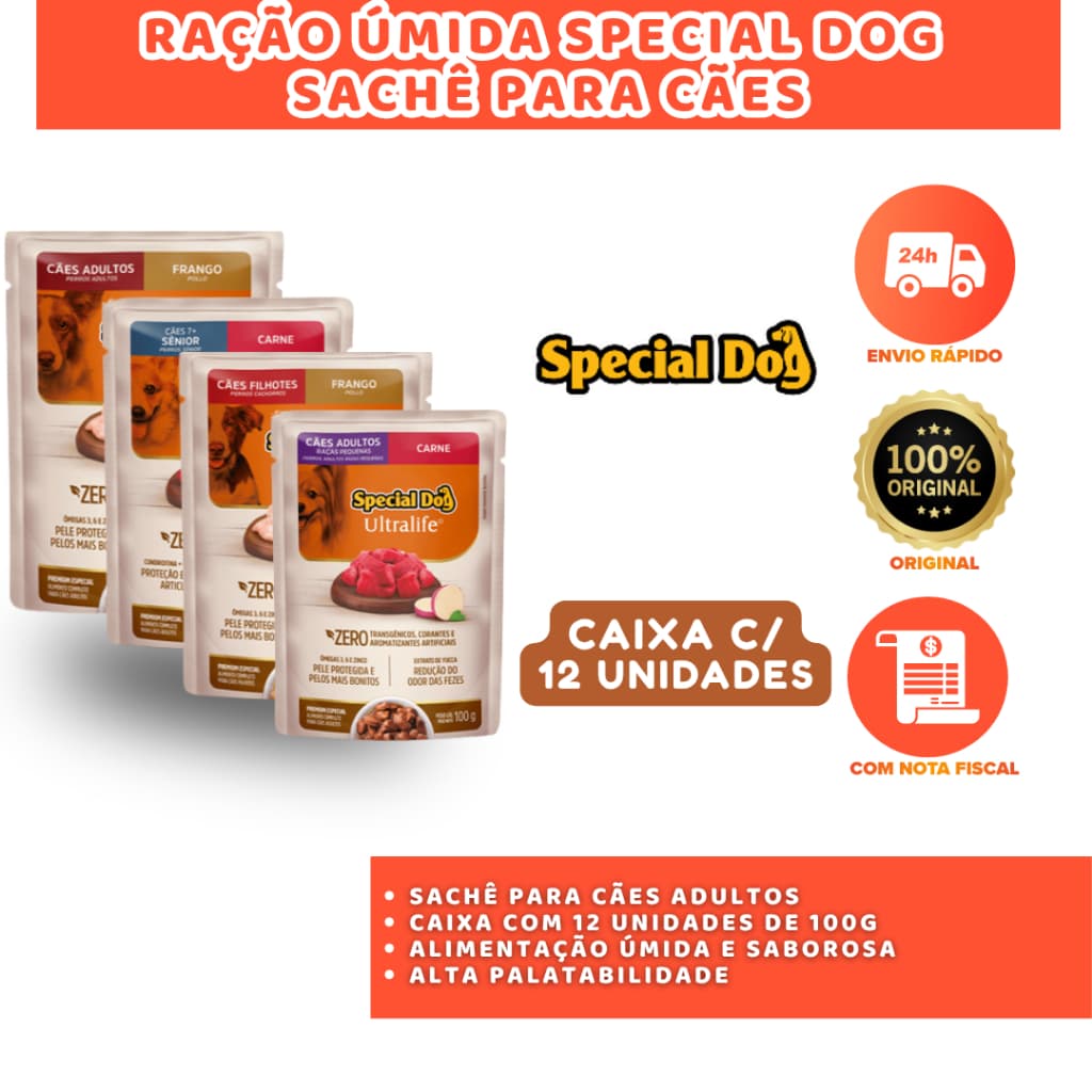 SPECIAL DOG RAÇÃO ÚMIDA SACHÊ CÃES 12 UNIDADES DE 100G ALIMENTO COMPLETO