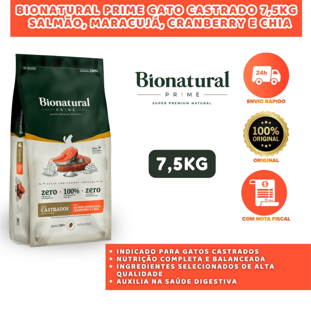 RAÇÃO BIONATURAL PRIME GATO CASTRADO 7,5KG SALMÃO MARACUJÁ CRANBERRY E CHIA COMPLETA