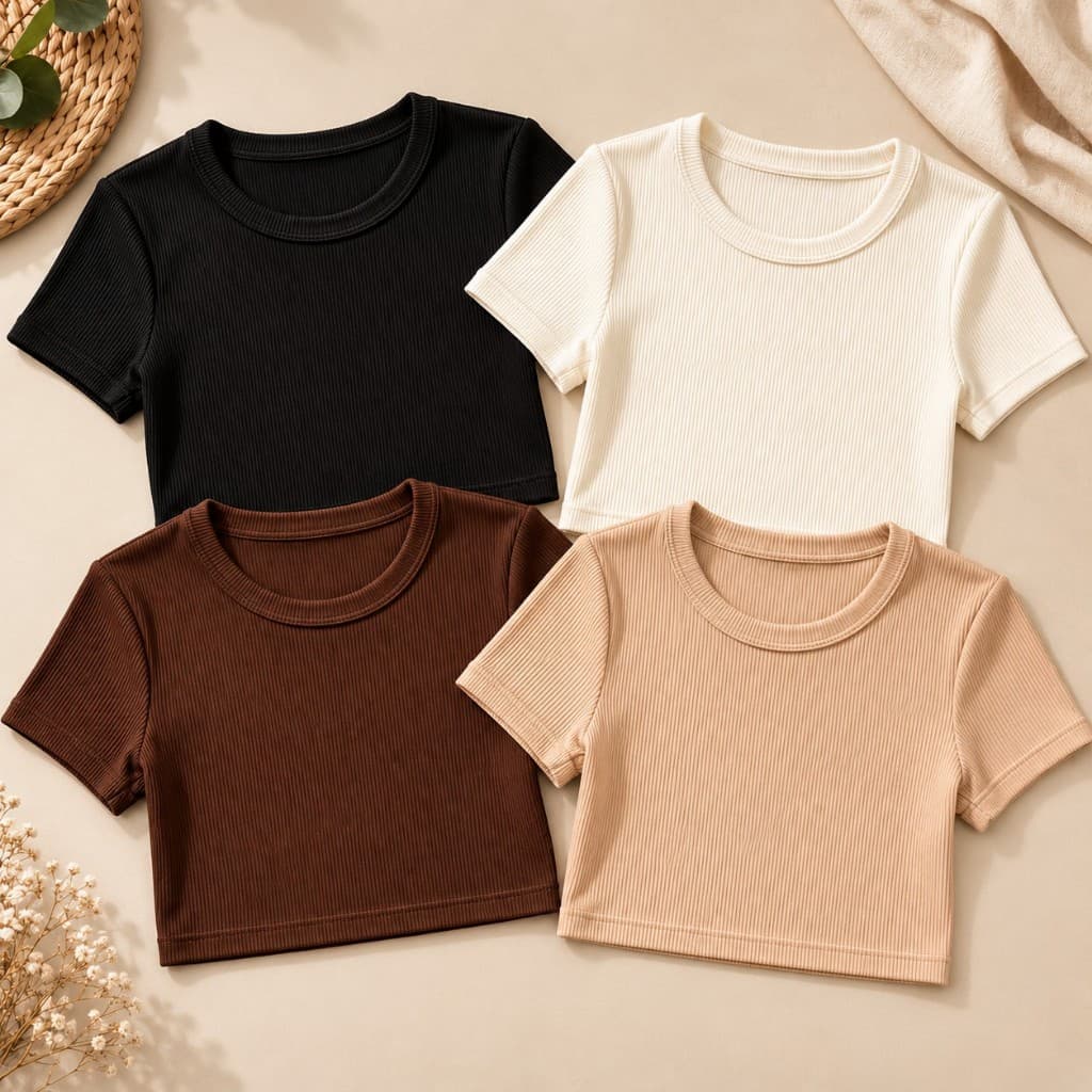 Cropped Feminino Canelado Ribana Manga Curta Básico Justo Blusa Cropped Casual