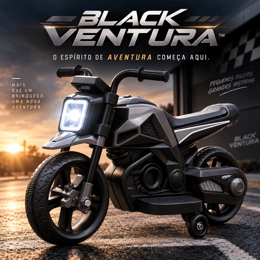 Moto Eletrica Infantil 6V Dark Rider Preta  BLACK VENTURA Farol LED Rodinhas de Apoio Bateria Recarregavel 6v