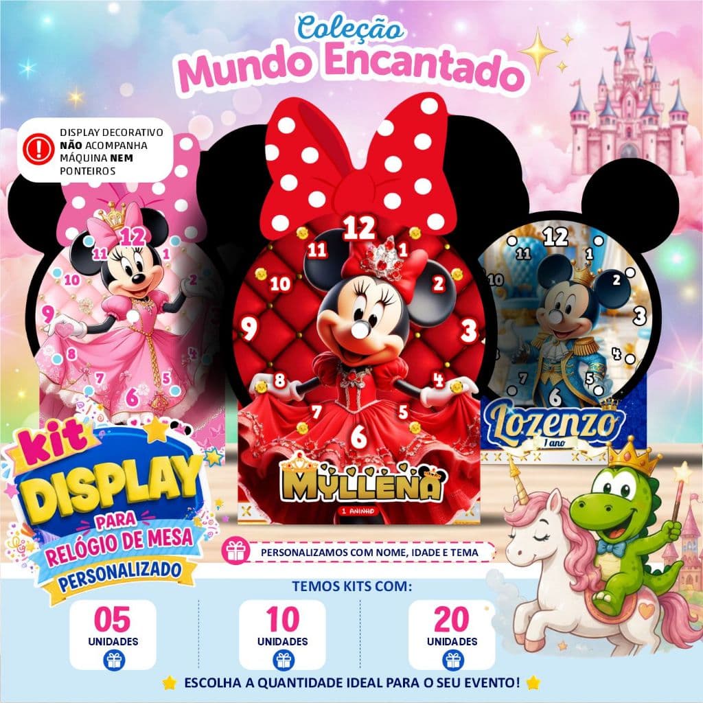 Relógio Centro de Mesa Personalizado | Mickey e Minnie Realeza - Display Decorativo