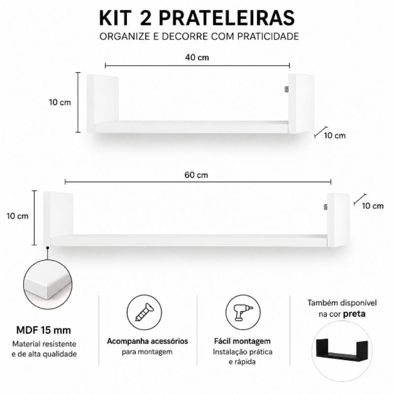 Kit 2 Prateleira branco MDF 40X10 e 60X10 - decorativa - ideal para decorar e organizar qualquer ambiente