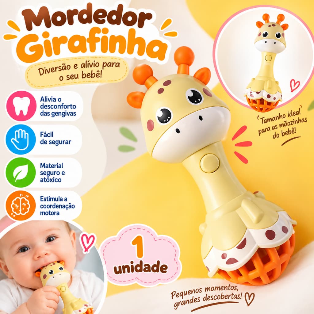 Chocalho e Mordedor Musical com Luz Girafinha Amarela - Kitstar - Estimulação Sensorial