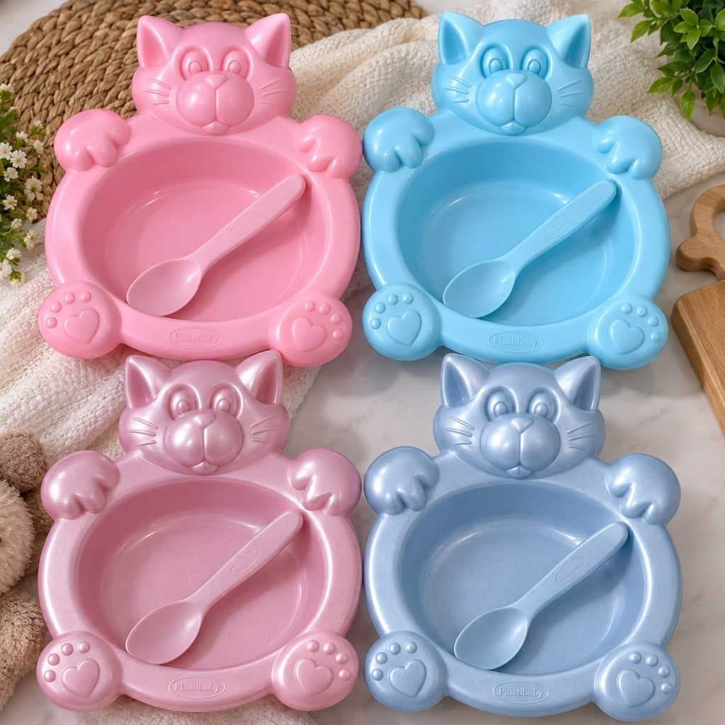 Prato Infantil Gatinho com Colher Kit Alimentação Bebê Menino Menina
