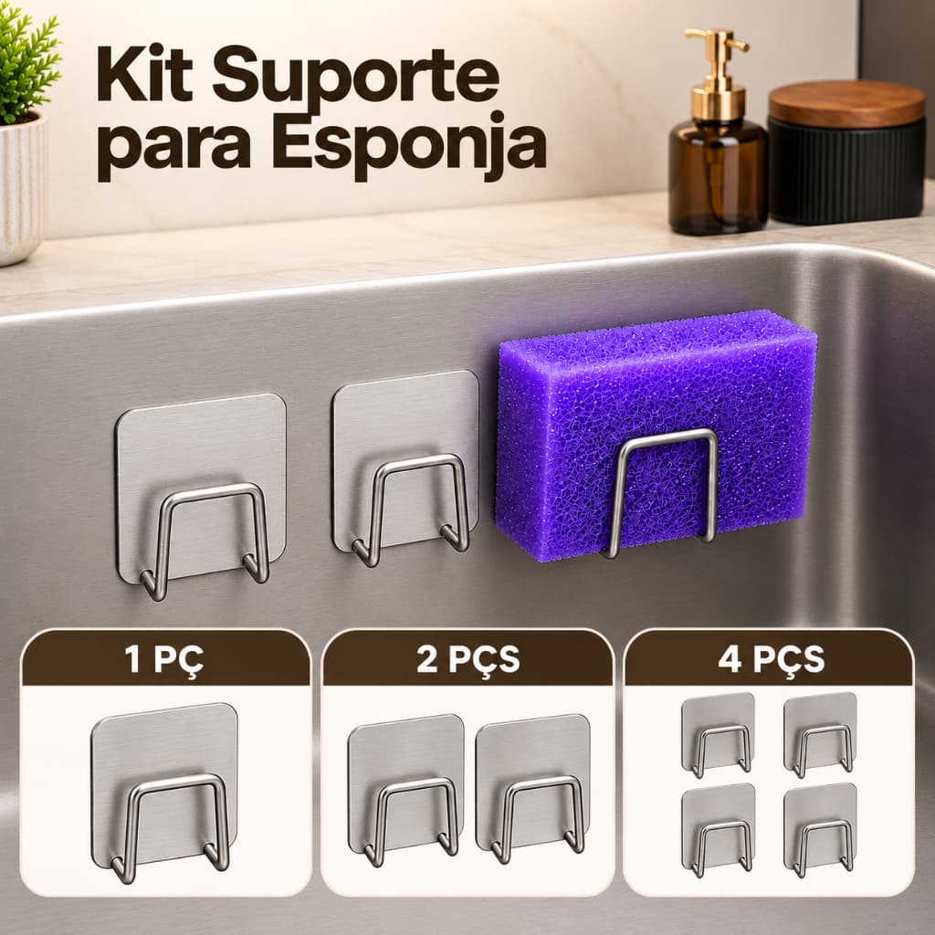 Suporte Porta Esponja Bucha Gancho de Pia e Cozinha Aço Inoxidável Autocolante Linha Premium