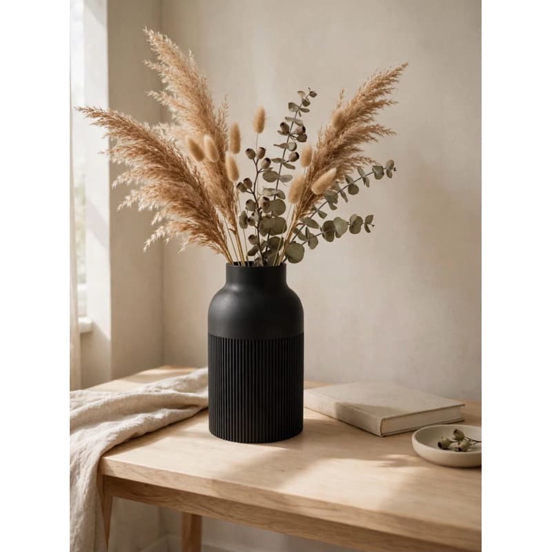 Vaso Decorativo Preto Fosco 12cm Canelado Moderno Minimalista Mesa Sala - Impressão 3D