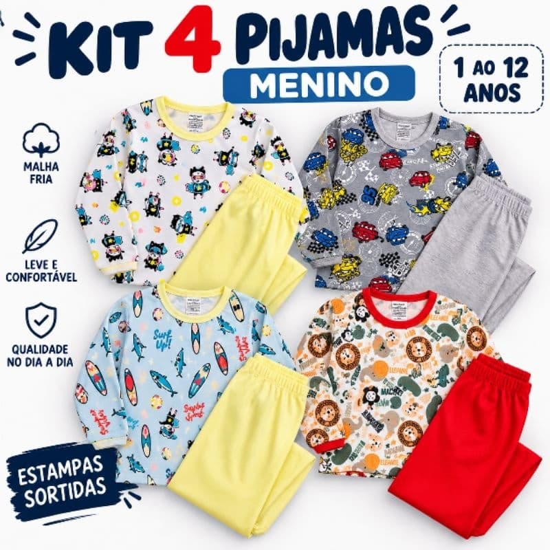 Kit 4 Pijamas Infantil Menino Masculino Malha Fria Manga Longa 1 ao 12 Anos