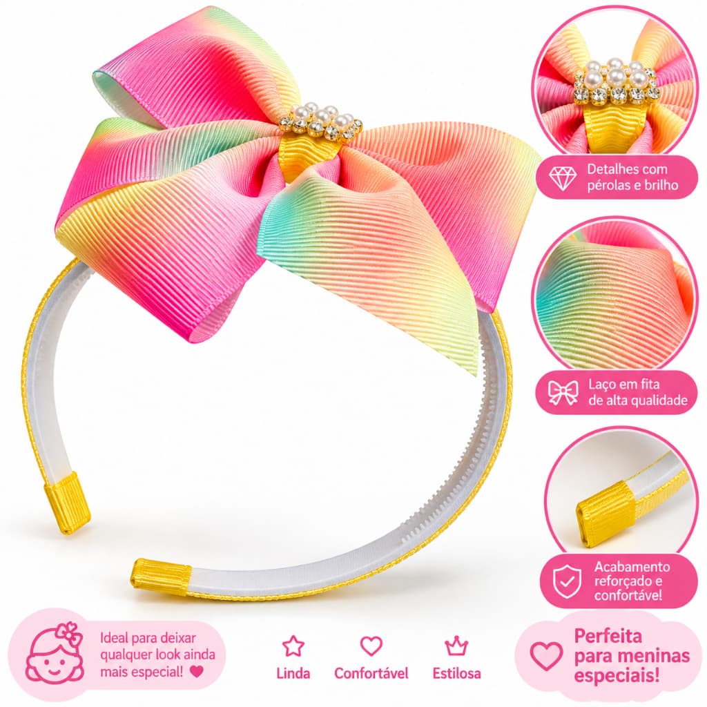 Tiara Infantil Luxo com Laço e Pedras Acessório de Cabelo para Menina